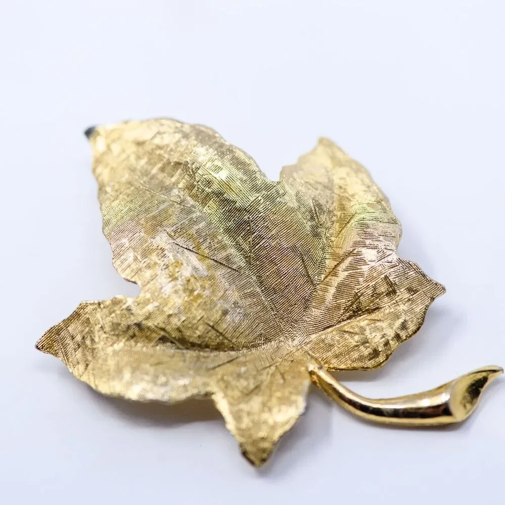 Vintage Signed Charel Textured Brushed Gold tone Brooch Pin